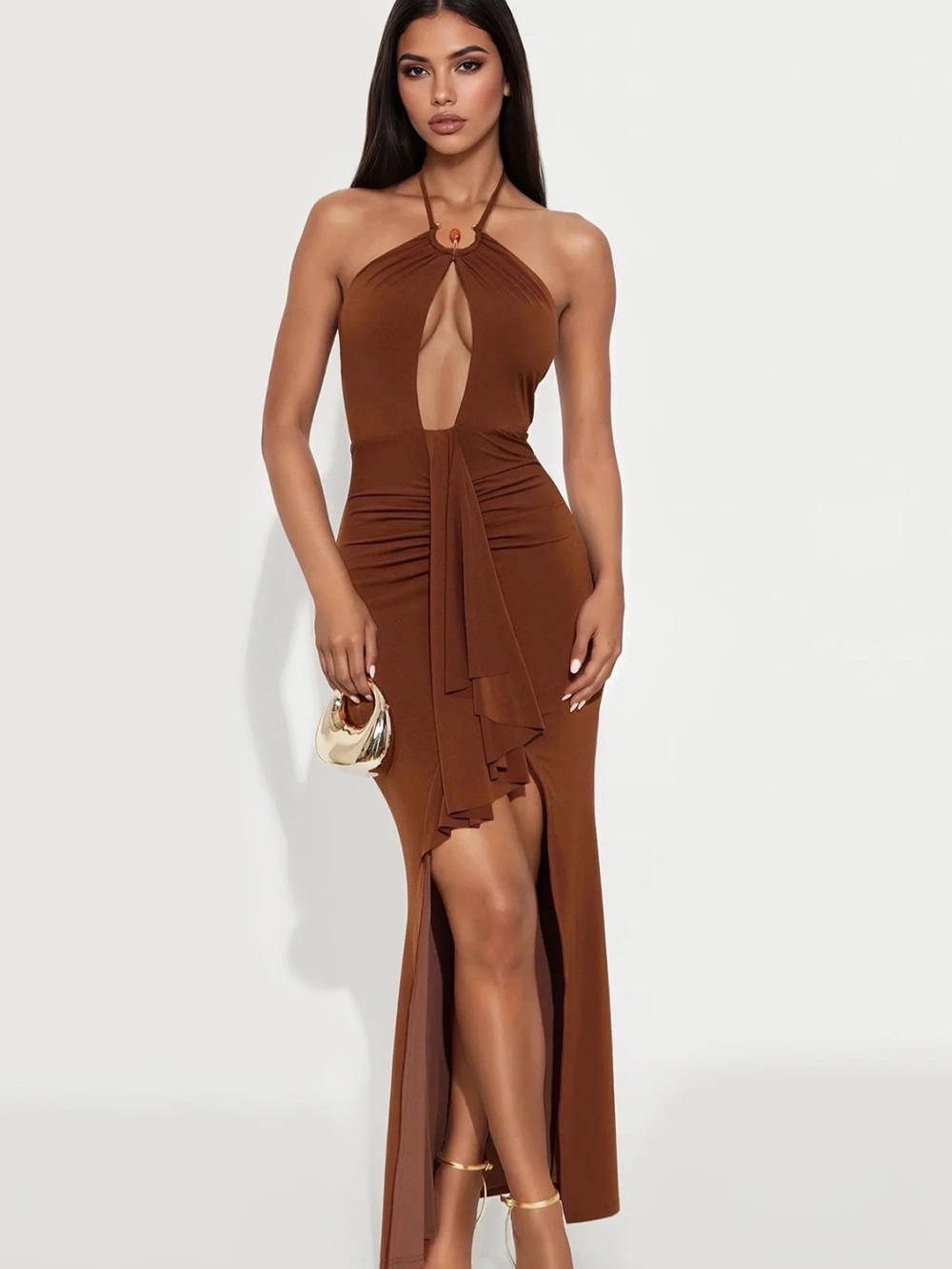 Fashion Nova Brown Halter Keyhole High-Low Maxi Dress